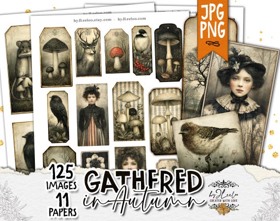 GATHERED IN AUTUMN Vintage Fall Tags & Labels, Junk Journal Ephemera, Woodland Printable, Scrapbooking Digital Kit | tl385
