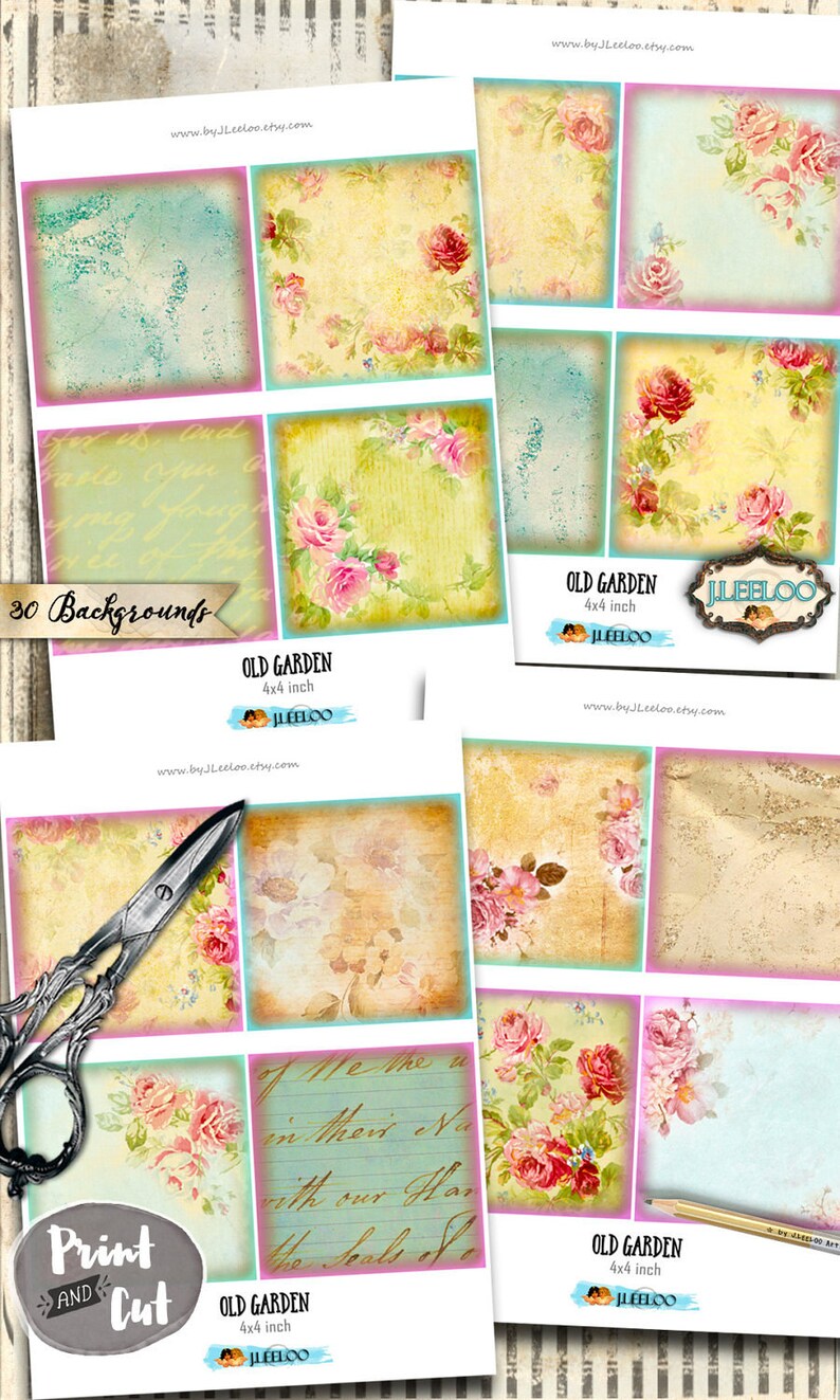 OLD GARDEN digital 4x4 inch square backgrounds coaster greeting cards card making button magnets instant download printable qu499 image 2