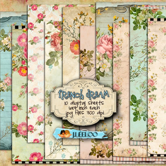 FRENCH DREAM 10 postcards Digital collage sheet jewelry holder shabby flower texture digital scrapbook instant download printable pp224
