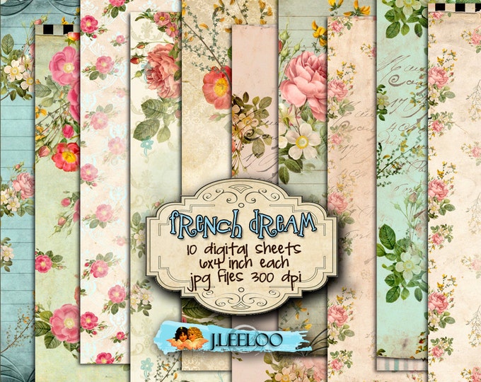 FRENCH DREAM 10 postcards Digital collage sheet jewelry holder shabby flower texture digital scrapbook instant download printable pp224
