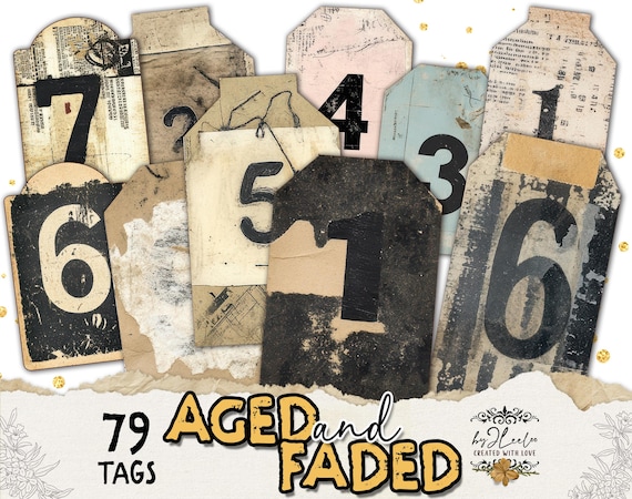 AGED AND FADED vintage number tags | distressed grunge industrial junk journal scrapbooking | printable ephemera craft making retro | tl312