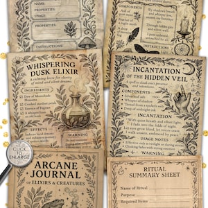 May include: A collection of vintage-style paper sheets with botanical and arcane themes. The sheets feature handwritten text, illustrations, and titles like "Botanical Findings" and "Arcane Journal". The papers are 8.5 x 11 inches.