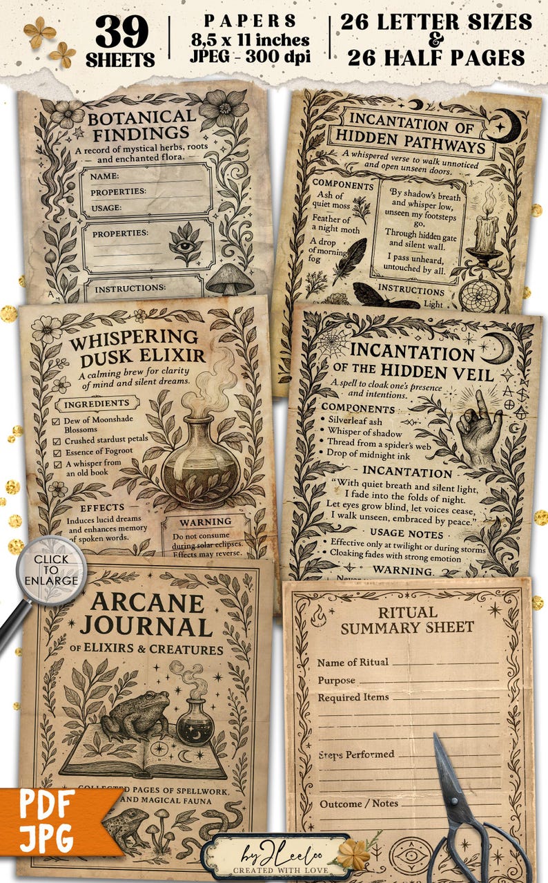 May include: A collection of vintage-style paper sheets with botanical and arcane themes. The sheets feature handwritten text, illustrations, and titles like "Botanical Findings" and "Arcane Journal". The papers are 8.5 x 11 inches.