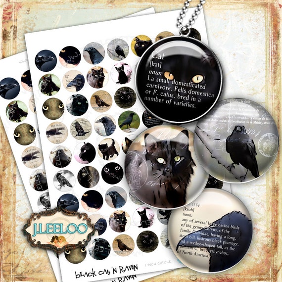BLACK CAT n RAVEN Digital Download 1" size round printable images for glass / resin pendants magnet bottlecaps bezel trays halloween tn455