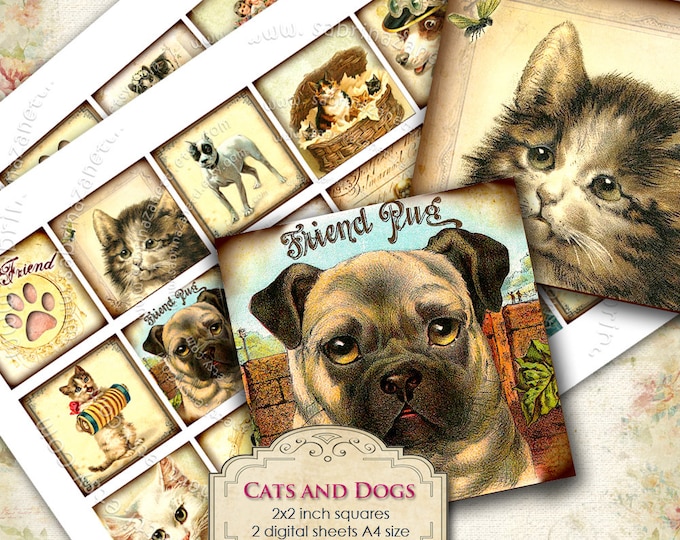 Digital collage sheets CATS AND DOGS  2x2 inch square for pendant clipart pet magnet instant download printable qu122