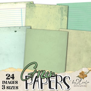 Puede incluir: Una colección de papeles verdes en varios tonos, incluyendo hojas rayadas y lisas. La imagen presenta el texto "Green Papers" con el número "24" y "3 tamaños". También hay un pequeño elemento floral.