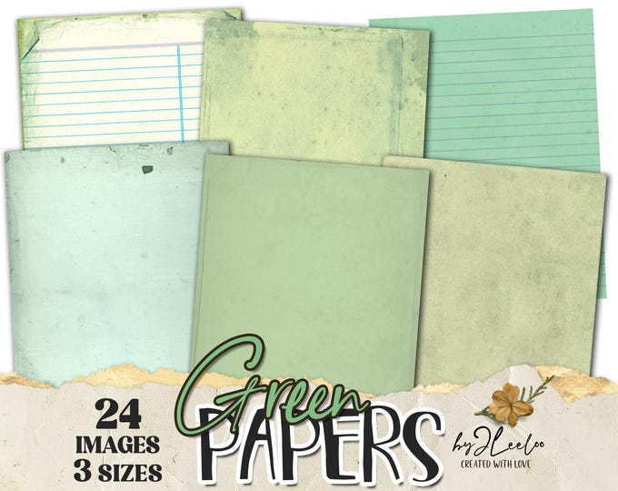 GREEN PAPERS 24 background 3 Sizes | Junk Journal Collage Pages | Shabby Aesthetic Scrapbooking Paper Pack & Crafting backgrounds | pp949