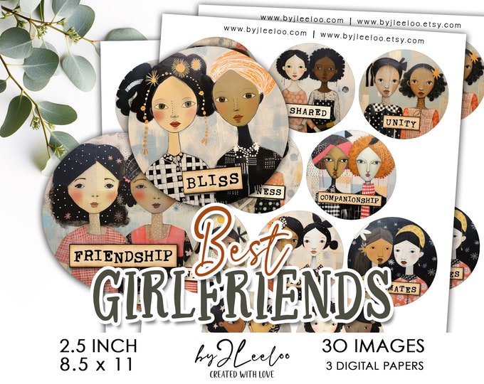 BEST GIRLFRIENDS 2.5 inch printable illustration | Supplies folk art pendant charm gift for girlfriend charm for friend altered art | tn805