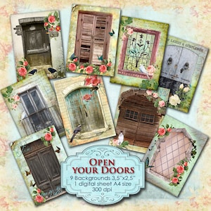 OPEN JE DEUREN atc aceo formaat digitale collage vel shabby papier uitnodiging wenskaart sieraden houder dagboek kunst plakboek ac192