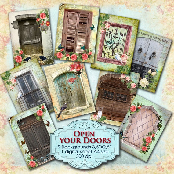 OPEN YOUR DOORS atc aceo size Digital collage sheet shabby paper invitation greeting card jewelry holder diary art scrapbook ac192