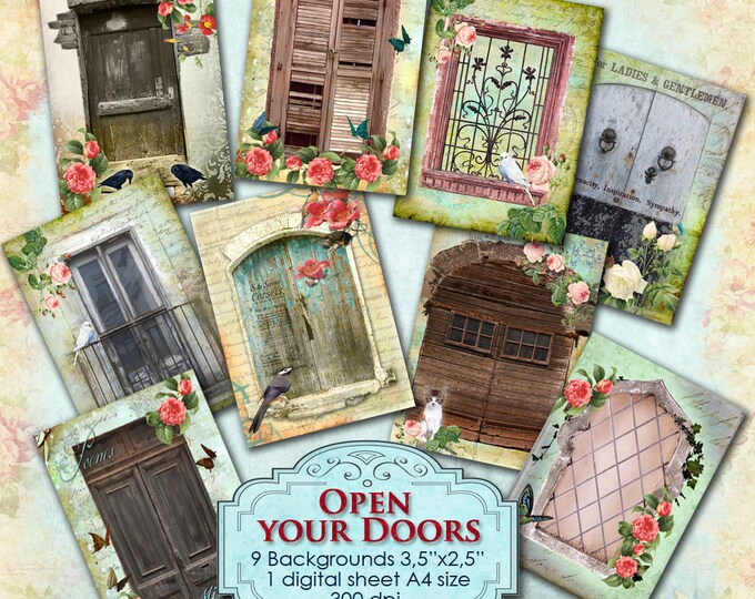 OPEN YOUR DOORS atc aceo size Digital collage sheet shabby paper invitation greeting card jewelry holder diary art scrapbook ac192
