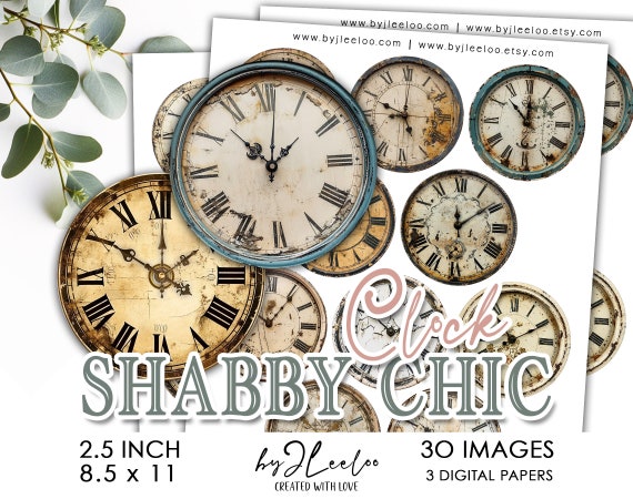 SHABBY CHIC CLOCK 2.5 inch printable clock face | supplies round pendants, bezel trays, glass cabochon mountings, cameo settings | tn779