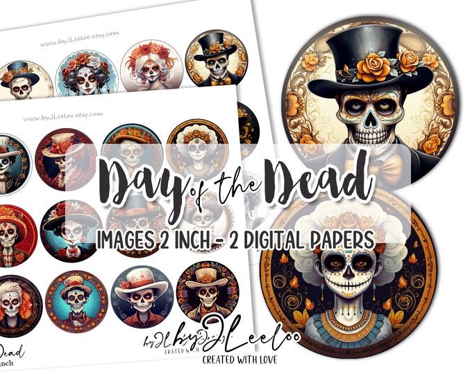 DAY of the DEAD 2 inch sugar skull round pendants | printable halloween sheet digital images | la Catrina skull skeleton  | tn661