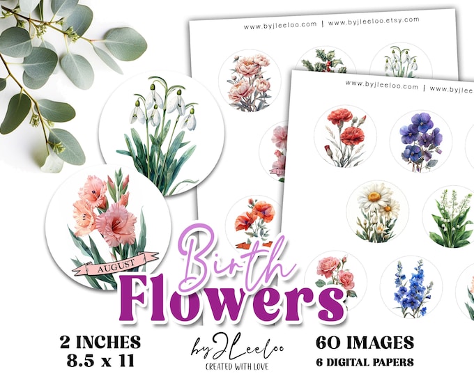 BIRTH FLOWERS 2 inch printable pendant | Birth Month Flower round circle Fussy cut digital download | cabochon necklace sticker pin | tn811