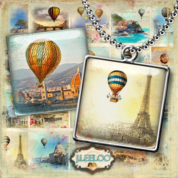 Digital printable ROMANTIC SKY 1.5 inch square sheet digital images hot air balloon paper goods pendant craft instant download qu429