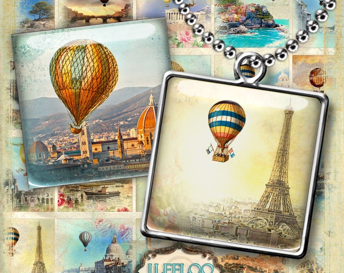 Digital printable ROMANTIC SKY 1.5 inch square sheet digital images hot air balloon paper goods pendant craft instant download qu429