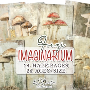 FUNGI IMAGINARIUM pół strony | Botanical junk journal Mixed Media Aceo Vintage | Digital art collage paper card making collage diary | str. 714
