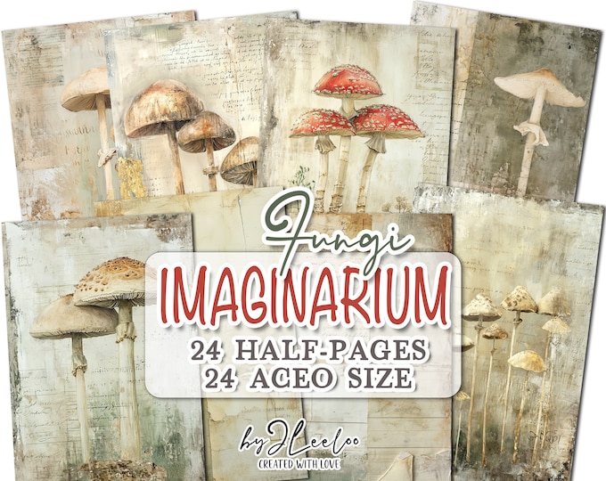 FUNGI IMAGINARIUM half pages | Botanical junk journal Mixed Media Aceo Vintage | Digital art collage paper card making collage diary | pp714