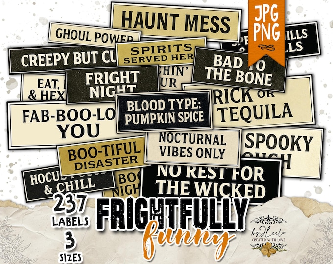 FRIGHTFULLY FUNNY Labels – Halloween Quotes Signs | Spooky Vintage Tags for Junk Journals, Scrapbooking & Crafts Vintage Printable | tl349