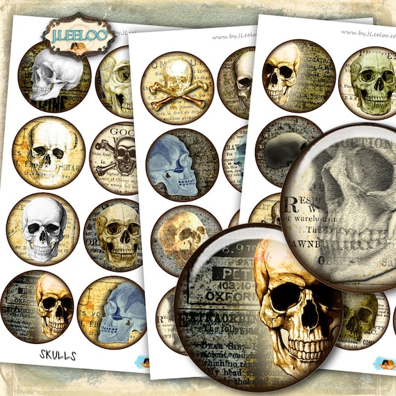 SKULLS 2.5 inch circle printable for halloween invitations pocket mirrors cupcake topper scrapbook magnets Digital collage sheet tn485