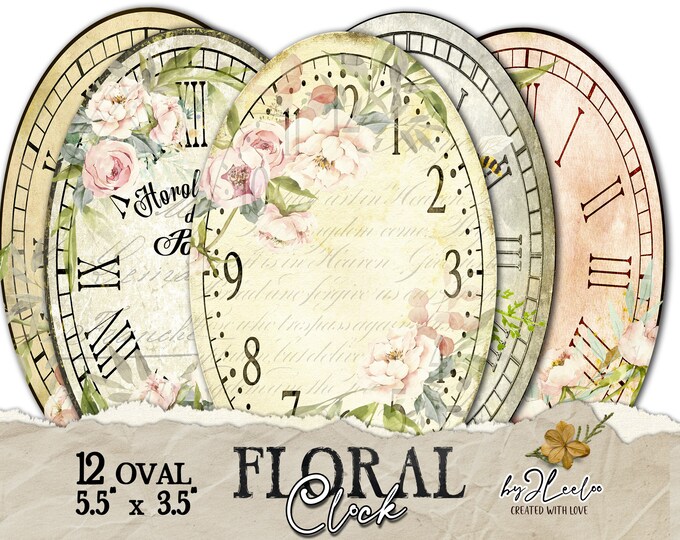 FLORAL CLOCK oval  without handles | singles PNG clock faces journal scrapbooking instant download printable | ov146