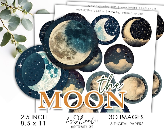 THE MOON 2.5 inch printable illustration | supplies round pendants, magnet, mirror, mystical pendant, celestial sticker, friend gift | tn737