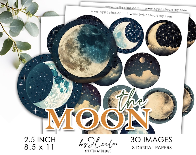 THE MOON 2.5 inch printable illustration | supplies round pendants, magnet, mirror, mystical pendant, celestial sticker, friend gift | tn737
