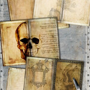 May include: Vintage-style digital images with a skull, antique documents, and decorative frames. The text "Have fun with them: let your imagination run free!" is visible. Includes a pair of scissors and a dark brown ribbon.