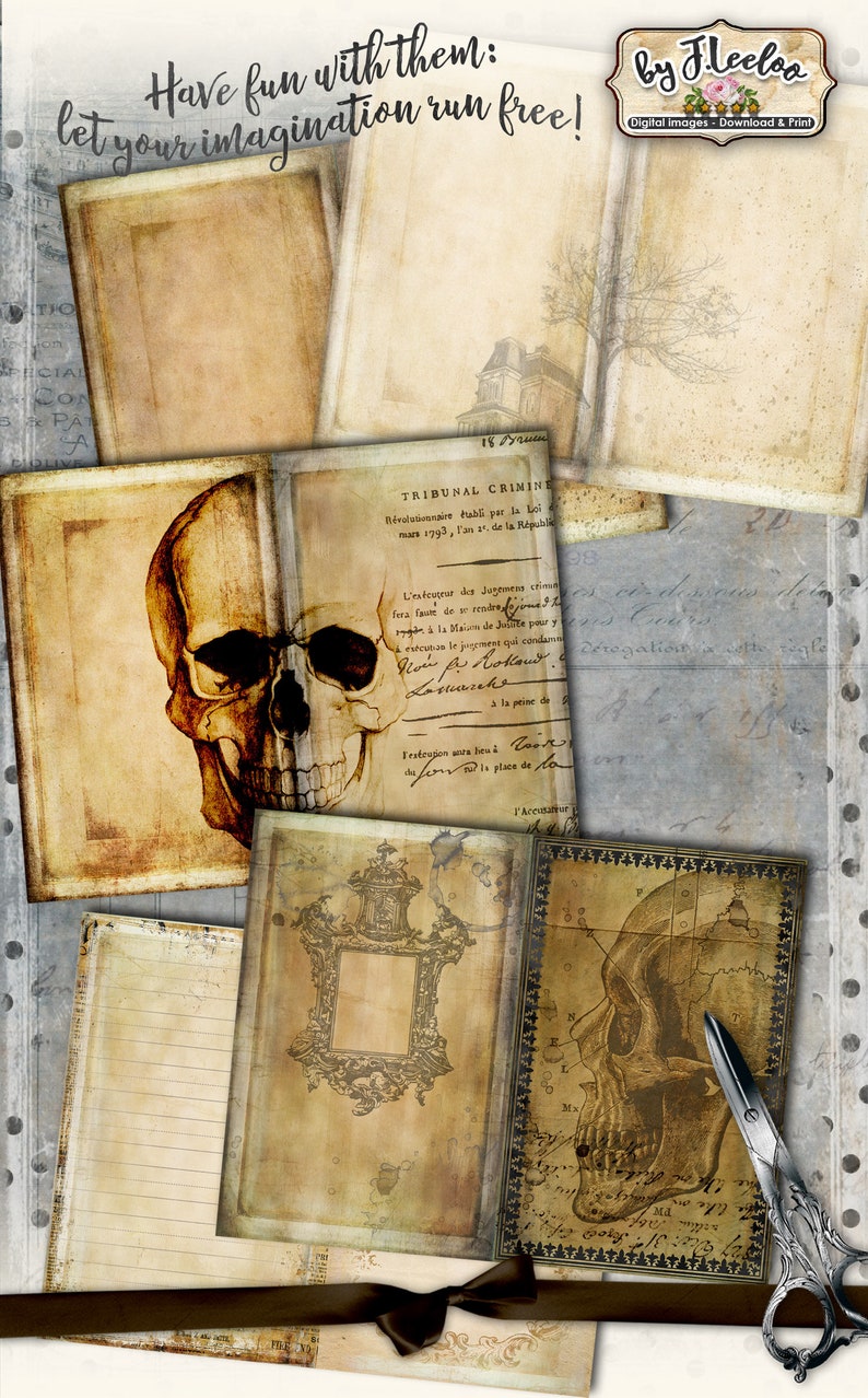 May include: Vintage-style digital images with a skull, antique documents, and decorative frames. The text "Have fun with them: let your imagination run free!" is visible. Includes a pair of scissors and a dark brown ribbon.
