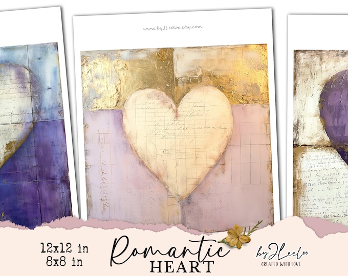 20 ROMANTIC HEART 8x8 12x12 vintage romantic collage | Valentine poster background vintage scrapbook decor art | Printable ephemera | qu599