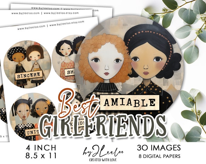 BEST GIRLFRIENDS 4 inch circle printable | Friendship round supplies for sticker coaster gift mirror magnet craft instant download | tn807