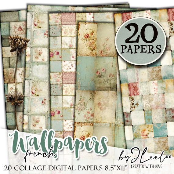 FRENCH WALLPAPERS rough collage papers | Shabby Chic Junk Journal pages | background vintage craft paper digital ephemera | pp618
