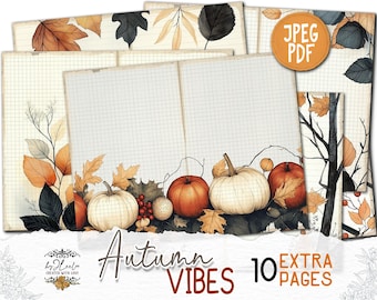 May include: A set of 10 printable digital papers featuring a fall theme with pumpkins, leaves, and a grid pattern. The papers are labeled "JPEG PDF" and "Autumn Vibes 10 Extra Pages".