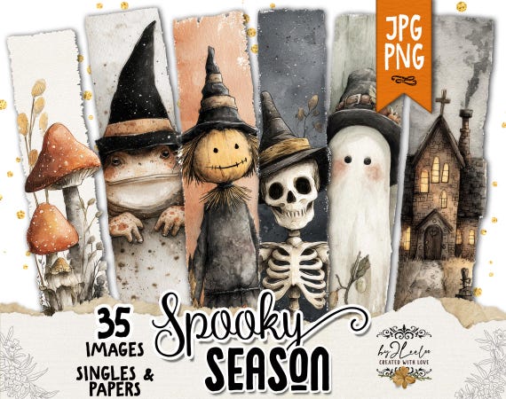 SPOOKY SEASON Watercolor Brushstrokes | Png + Jpg | Ghosts Black Cats Skulls Pumpkins | Sublimation, Stickers, Junk Journals, Cards | cl203