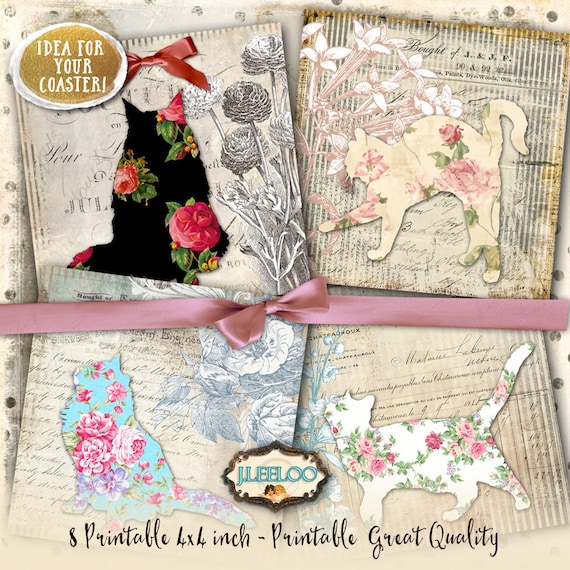 CATS 4x4 inch ephemera printable backgrounds Coaster iron on cards squares 4 x 4 inch Instant Download digital collage sheet qu505
