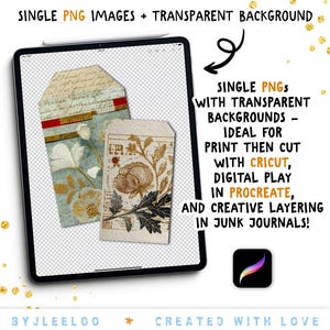 May include: Two vintage-style digital tags displayed on a tablet screen. One tag is light blue with floral designs and text, the other is beige with botanical illustrations. The text reads "SINGLE PNG IMAGES + TRANSPARENT BACKGROUND" and "SINGLE PNGS WITH TRANSPARENT BACKGROUNDS".