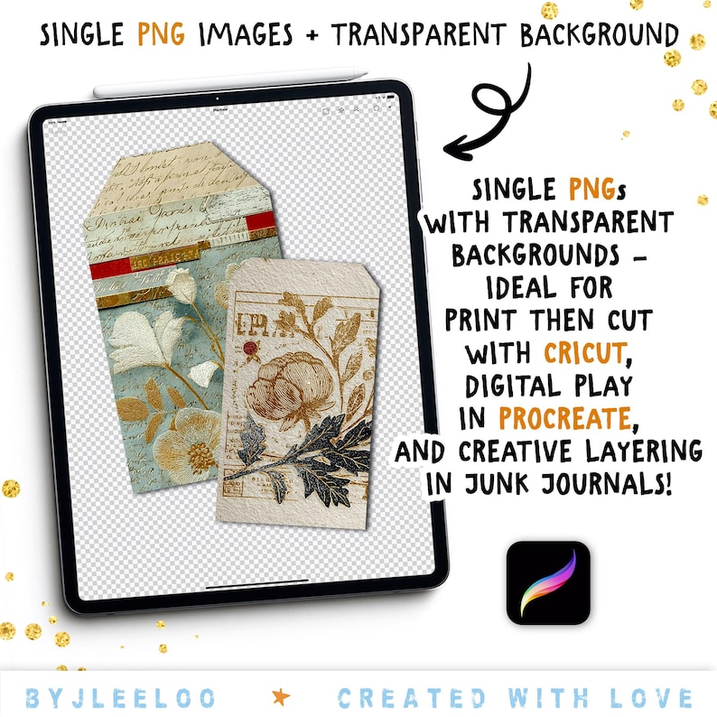 May include: Two vintage-style digital tags displayed on a tablet screen. One tag is light blue with floral designs and text, the other is beige with botanical illustrations. The text reads "SINGLE PNG IMAGES + TRANSPARENT BACKGROUND" and "SINGLE PNGS WITH TRANSPARENT BACKGROUNDS".