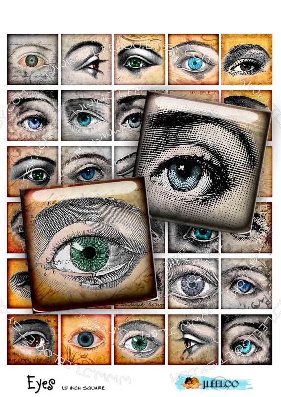 Digital collage EYES 1.5 inch square for magnet stickers pendant craft steampunk style fashion vintage instant download printable qu355