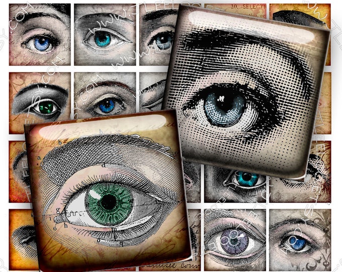 Digital collage EYES 1.5 inch square for magnet stickers pendant craft steampunk style fashion vintage instant download printable qu355