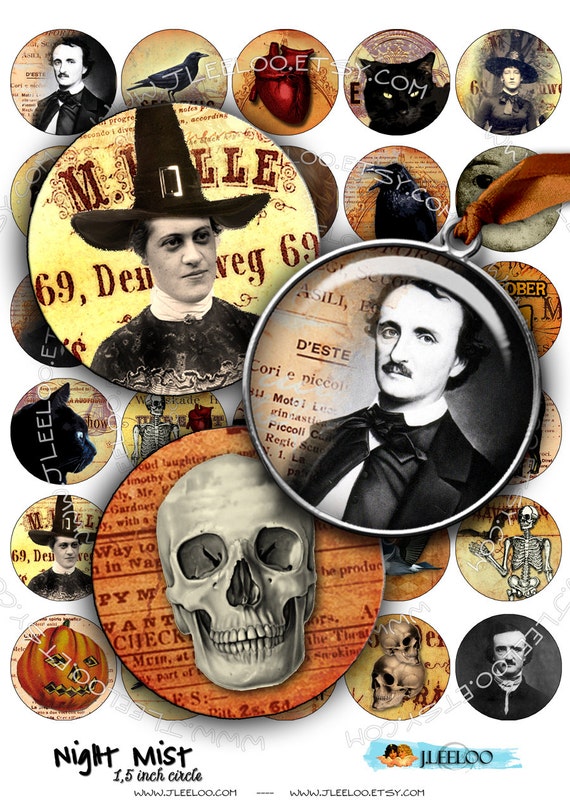 Digital paper NIGHT MIST 1.5 inch circle poe raven scary halloween pendants magnet stickers pendant craft instant download printable tn179