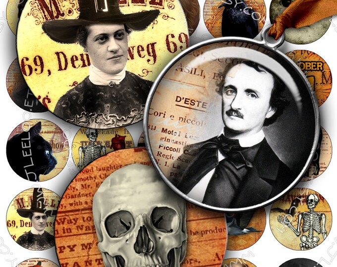 Digital paper NIGHT MIST 1.5 inch circle poe raven scary halloween pendants magnet stickers pendant craft instant download printable tn179