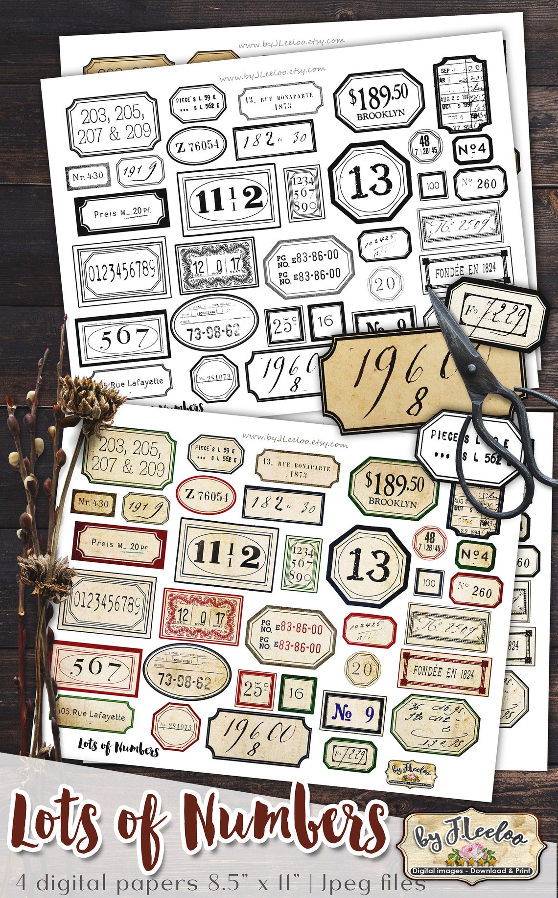 LOTS OF NUMBERS Labels Kit Printable Vintage Ephemera Junk Journal ...