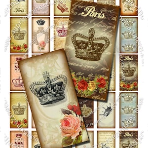 May include: A digital collage sheet with 16 images of vintage crowns, roses, and text. The images are in a grid pattern and have a distressed, antique look. The text includes the words "Paris" and "SabrinaZanetti.etsy.com".