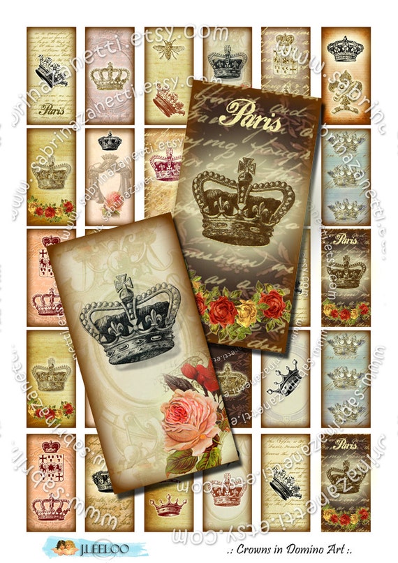 CROWNS in DOMINO ART printable 2x1 inch soldered  Digital collage sheet pendant france paris royal instant download vintage do109