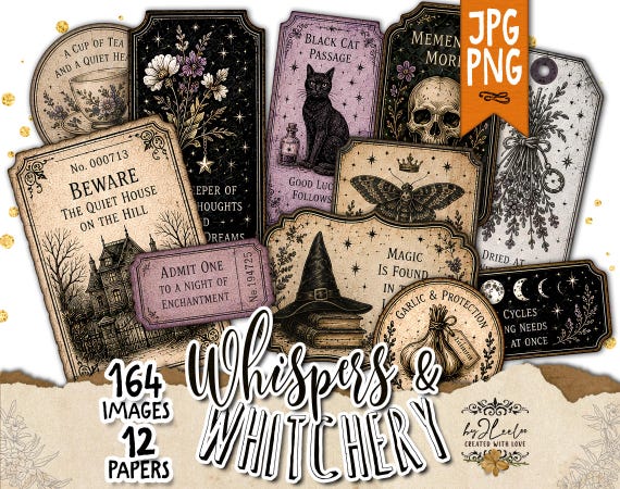 WHISPERS & WITCHERY Vintage Halloween Ephemera, Witchy Junk Journal Kit, Printable Labels Tags Tickets, 164 PNG Clipart | tl384