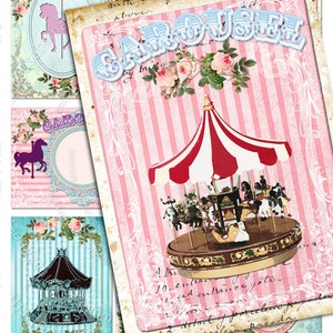 CAROUSEL printable atc aceo size  Digital collage sheet striped background hang tag instant download background vintage ac122