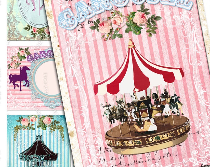 CAROUSEL printable atc aceo size  Digital collage sheet striped background hang tag instant download background vintage ac122