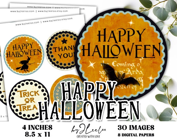 HAPPY HALLOWEEN 4 inch printable vintage | for coasters scrapbook sticker diary journal grunge ephemera | invitation party digital | tn822