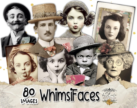 WHIMSIFACES – 80 Vintage Portrait with Red Collage Accents, Quirky Ephemera for Junk Journals Scrapbooking and Mixed Media Printable | cp039