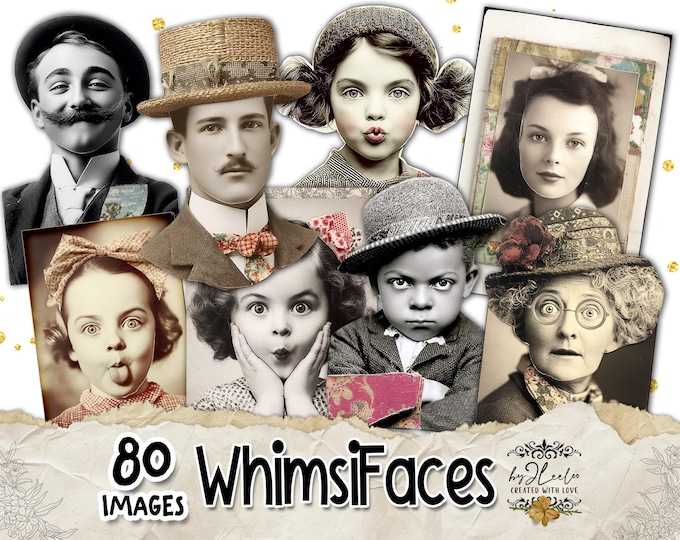 WHIMSIFACES – 80 Vintage Portrait with Red Collage Accents, Quirky Ephemera for Junk Journals Scrapbooking and Mixed Media Printable | cp039
